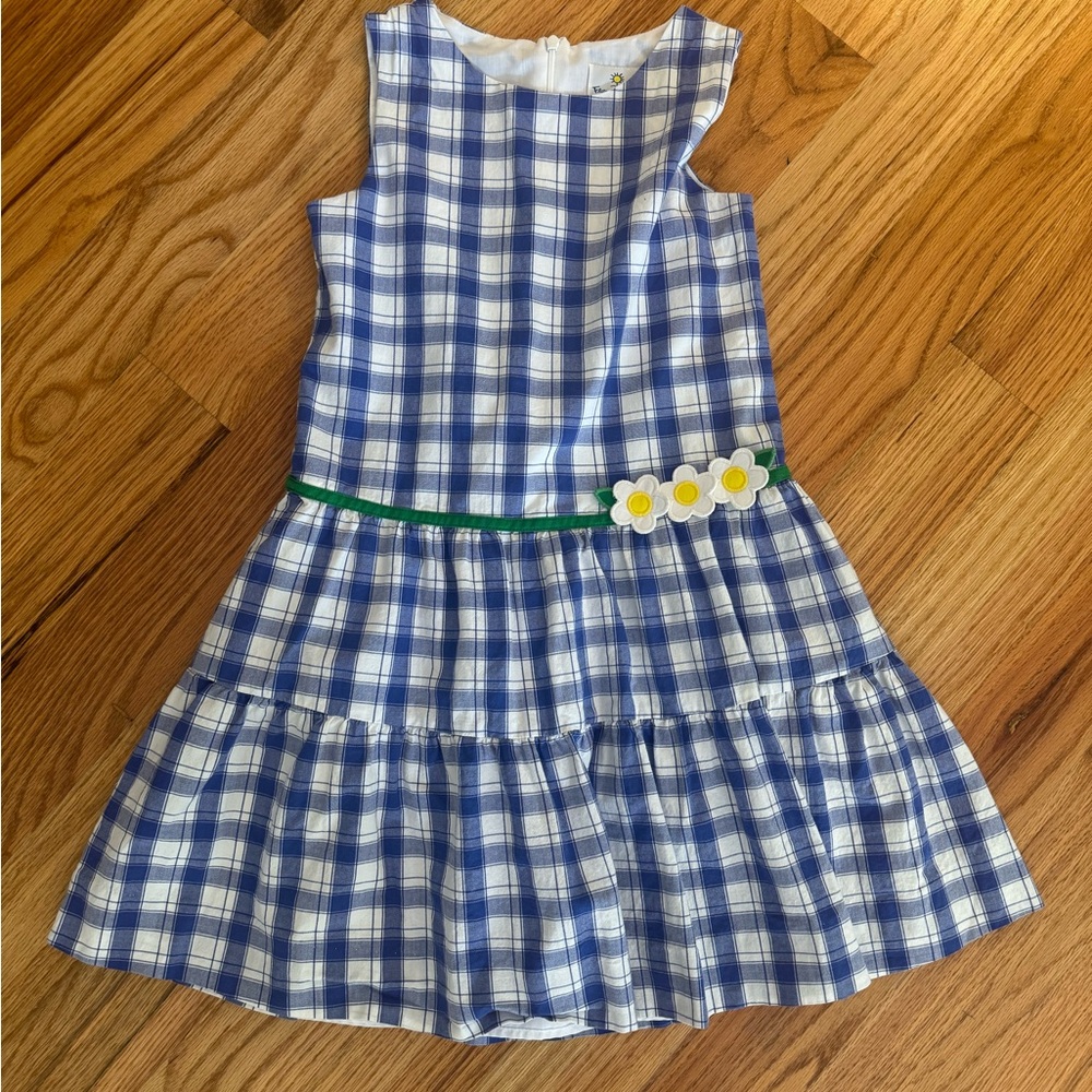 Blue and White Plaid Kids Dress with Floral Accent